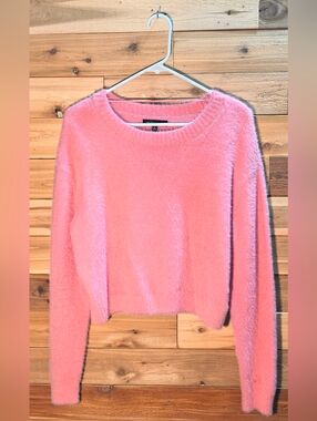 Fuzzy Cropped Crewneck Sweater By Kendall & Kylie - Size S - Bright Pink Color